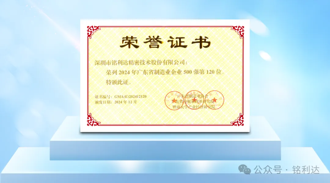 喜报！铭利达在广东省制造业500强排名第120位